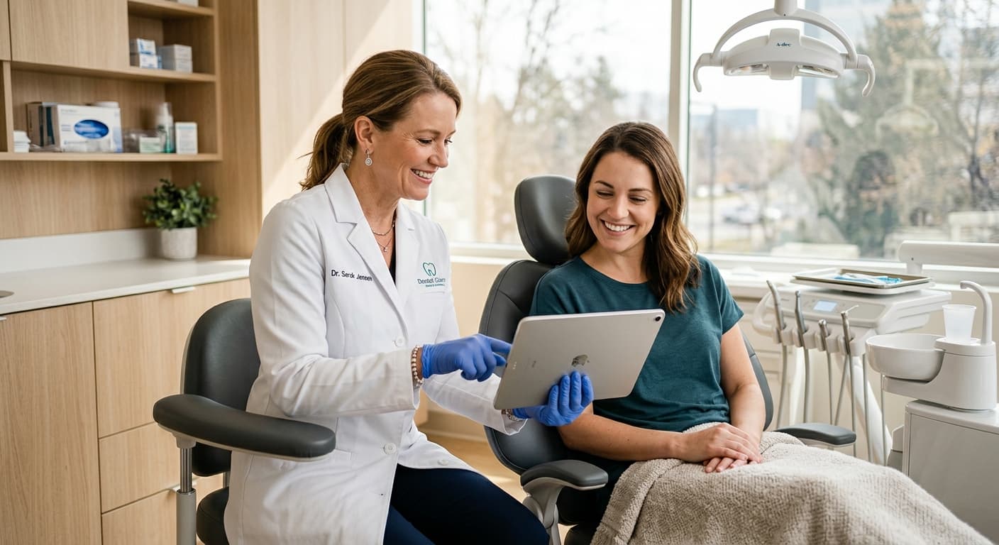 Dentist showing smile simulation to a patient on an iPad
