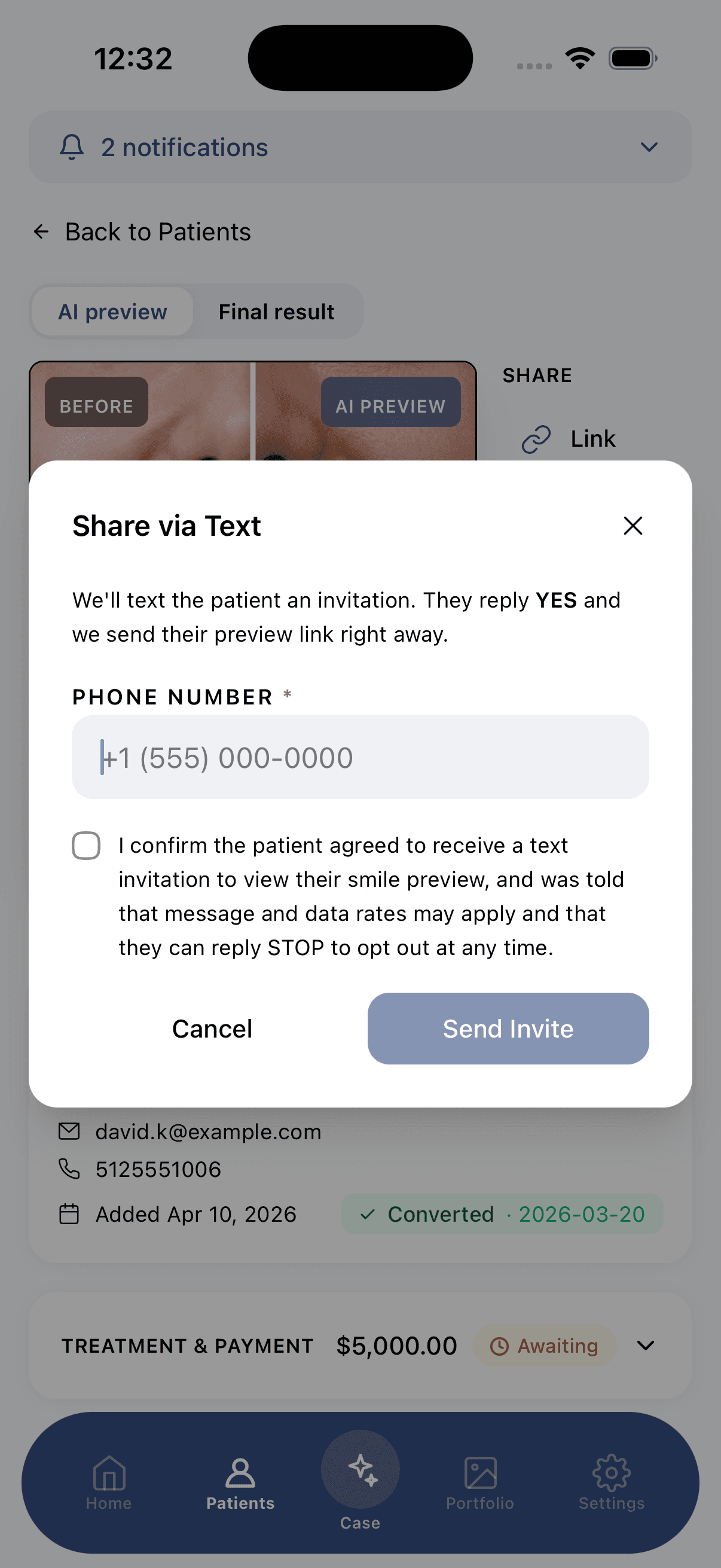 Consent confirmation screen the provider completes before sending