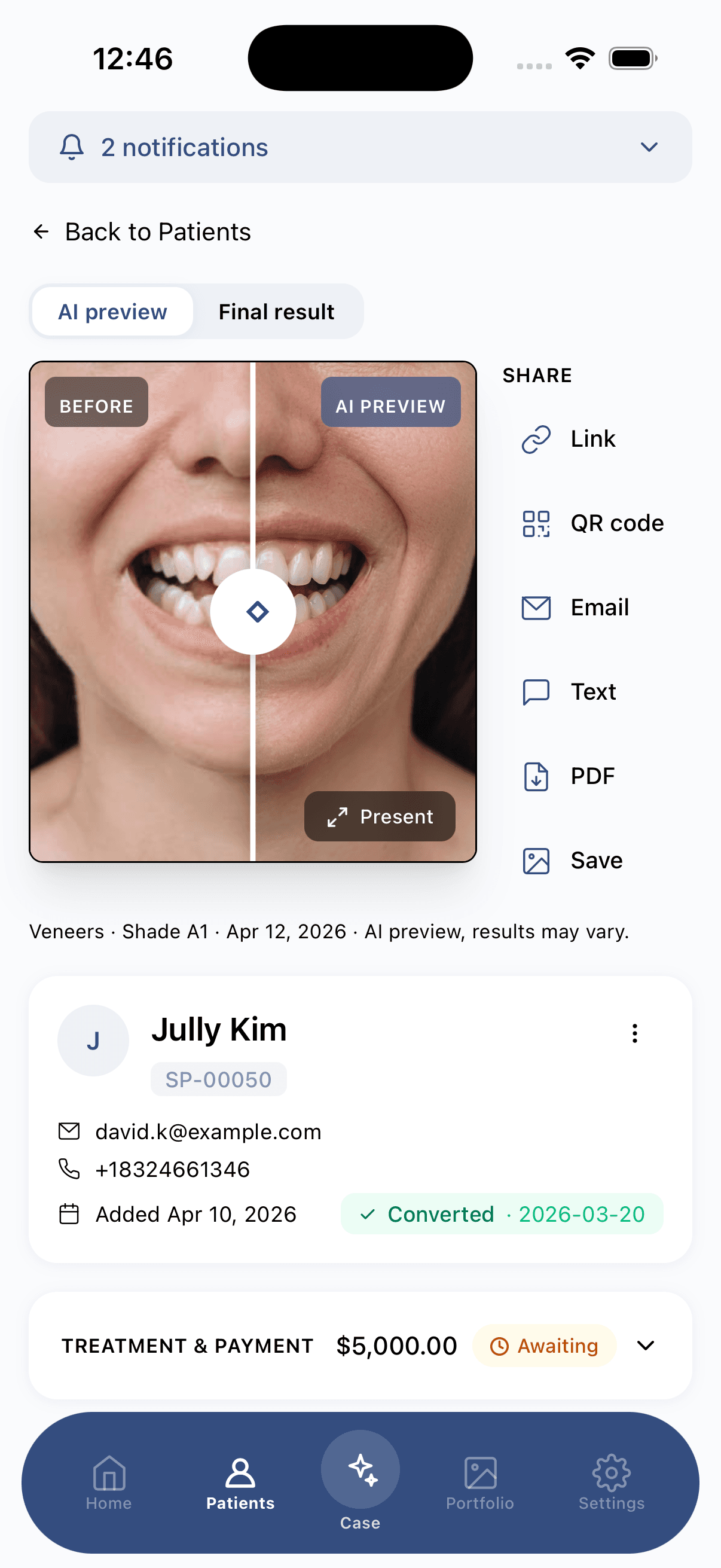 Smile PreVue share screen with Email and Text options